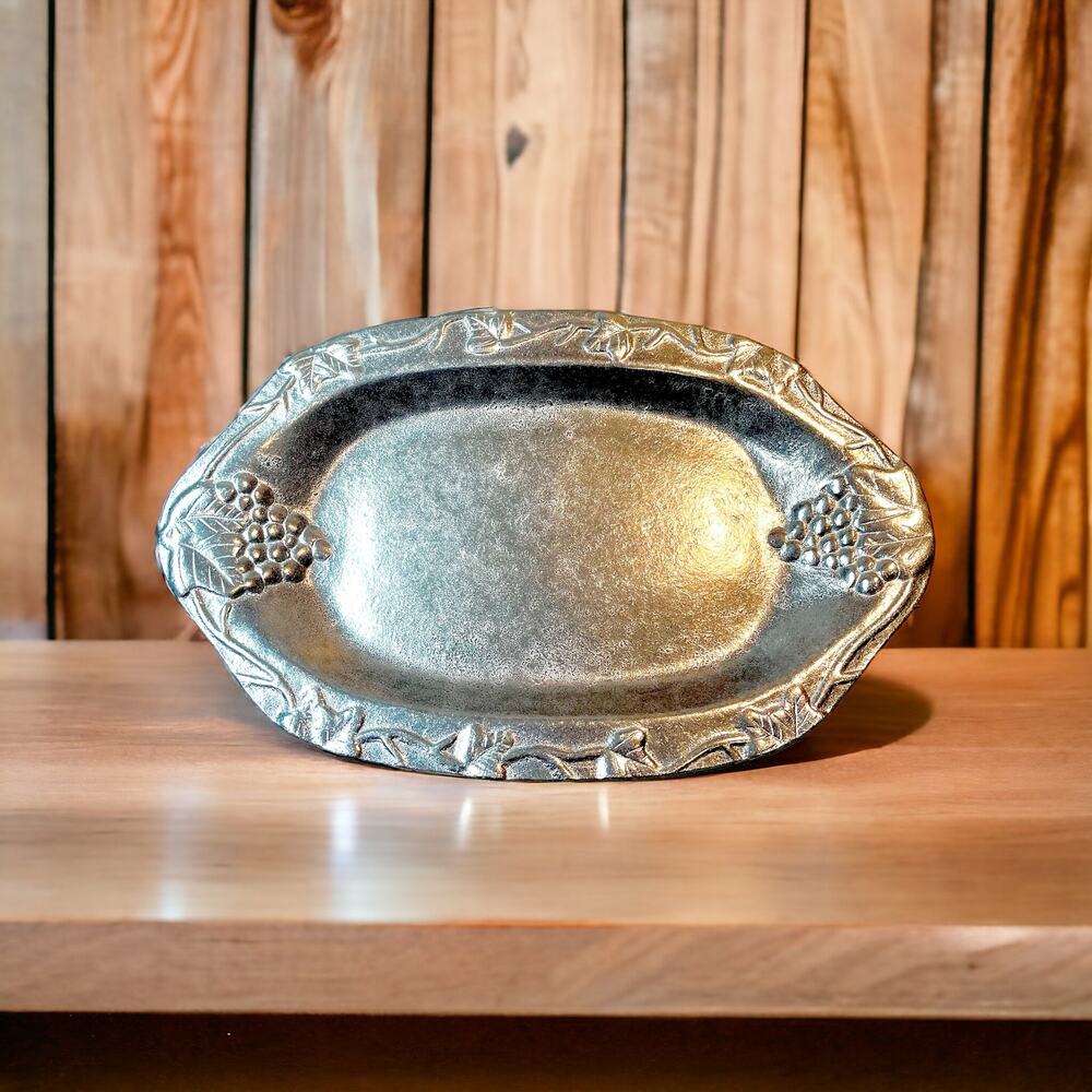 Hand Made Sand Casted Pewter Serving Dish Grapes and Vine Dinner Party Platter